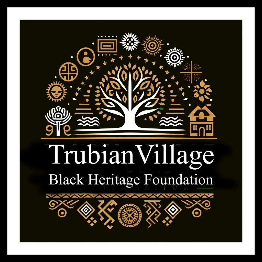DALL·E 2024-05-31 20.55.30 - Design a logo for the Trubian Village Black Heritage Foundation. The logo should incorporate elements that symbolize heritage, unity, and strength. Us