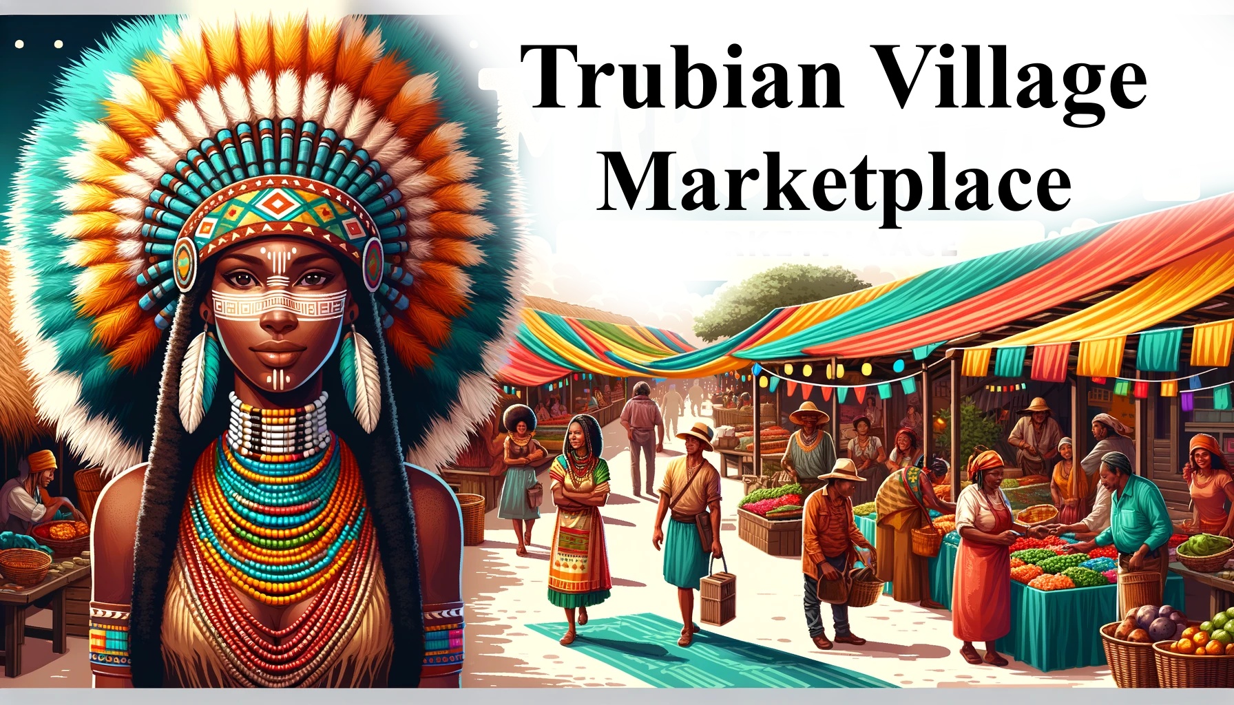 DALL·E 2024-06-11 15.19.29 - A vibrant banner for the Trubian Village Marketplace featuring realistic people who look like American Indians with Afro features. The design should b