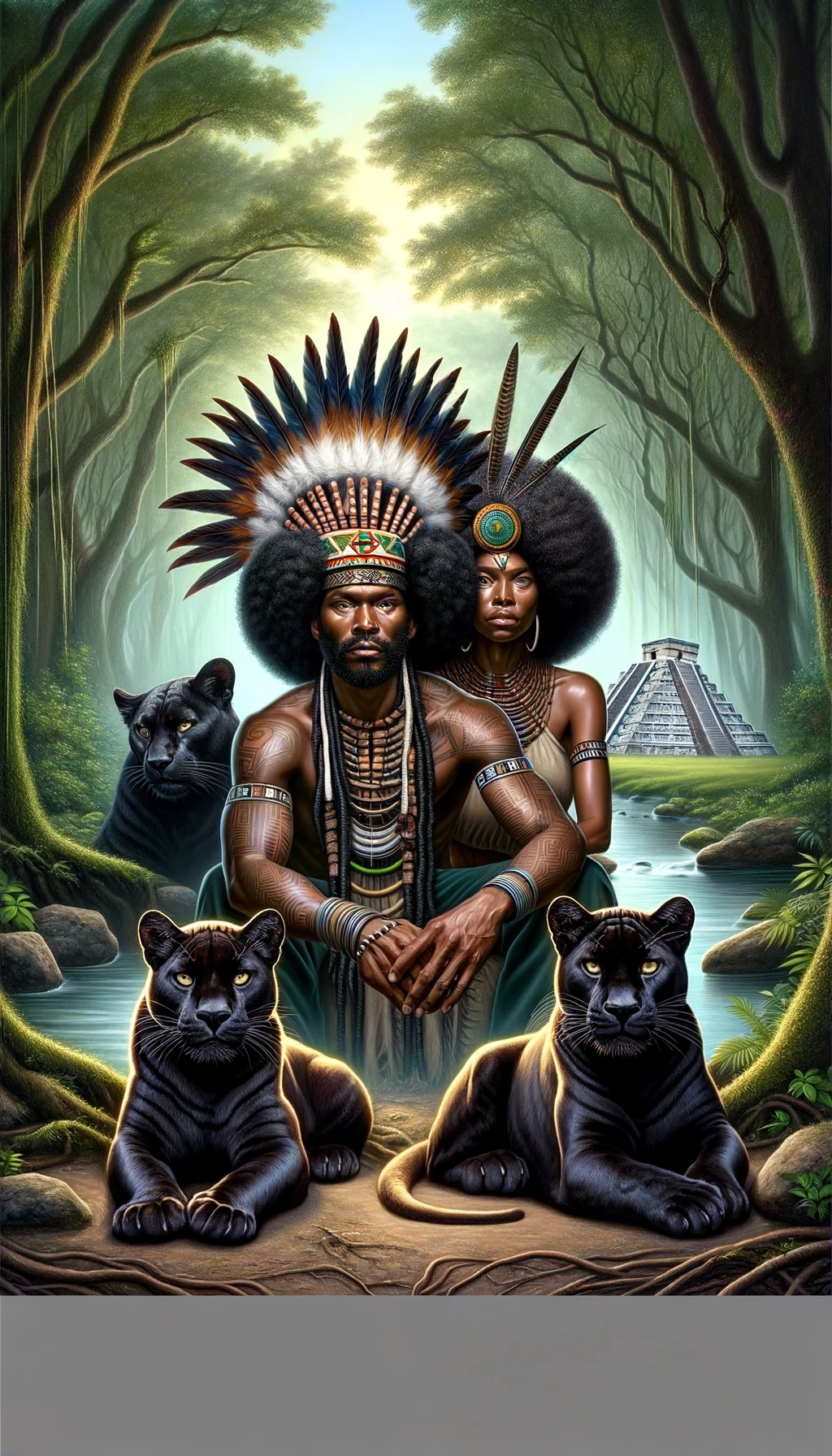 DALL·E 2024-01-31 05.31.06 - A portrait featuring a Black Indian Chief and Chieftess, both with Afro features and dreadlocks, each crowned with a top hat adorned with feathers, re