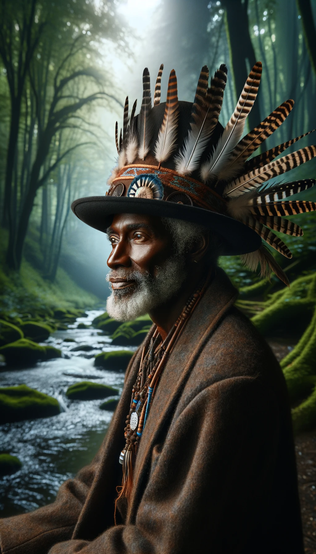 DALL·E 2024-01-31 05.45.54 - A portrait of a Black Indian medicine man adorned with a top hat dressed in feathers, symbolizing his wisdom and connection to cultural traditions. Th