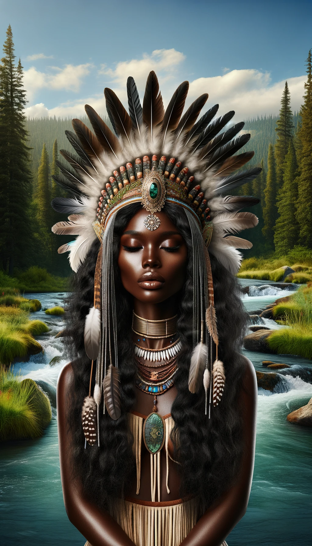 DALL·E 2024-01-31 05.51.23 - A portrait of a Black Indian medicine woman adorned with a majestic crown made of feathers, symbolizing her wisdom, authority, and deep spiritual conn