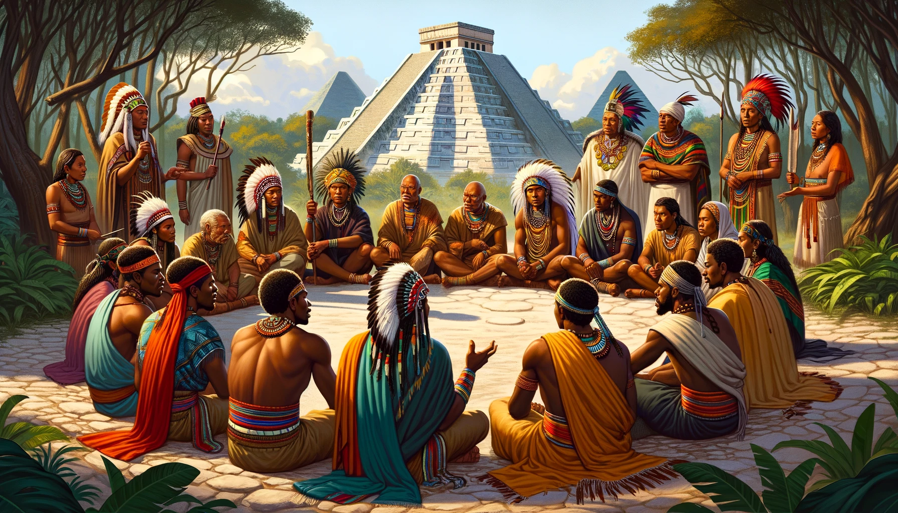 DALL·E 2024-05-26 22.19.22 - A picture of a Black Indian Council having a meeting in a traditional setting near Mayan Pyramids. The council members are dressed in traditional atti