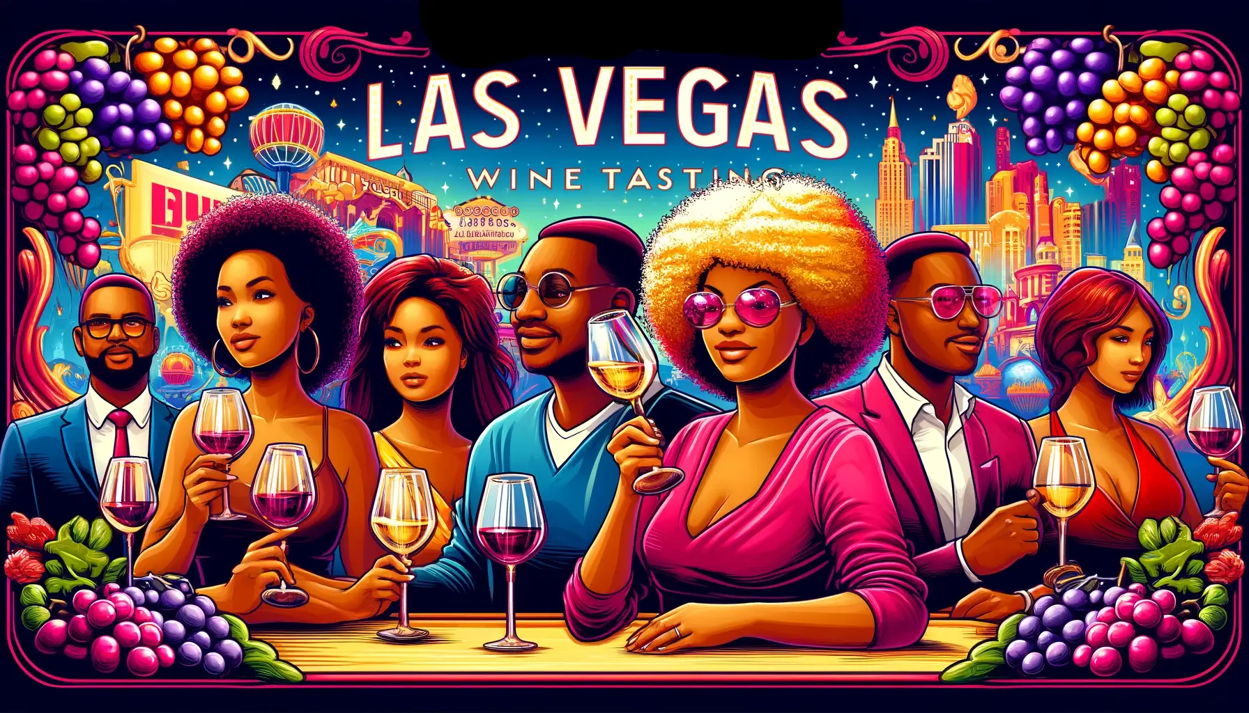 ' with a realistic portrayal of Black Americans enjoying wine tasting in the backdrop